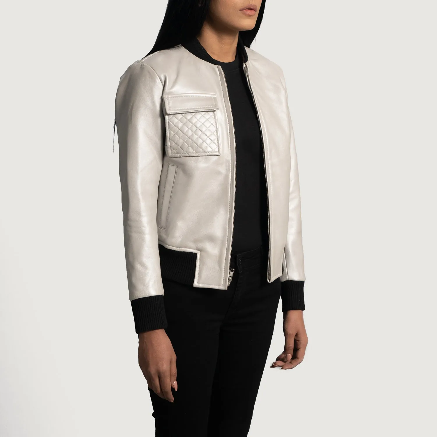 Lana Silver Leather Bomber Jacket