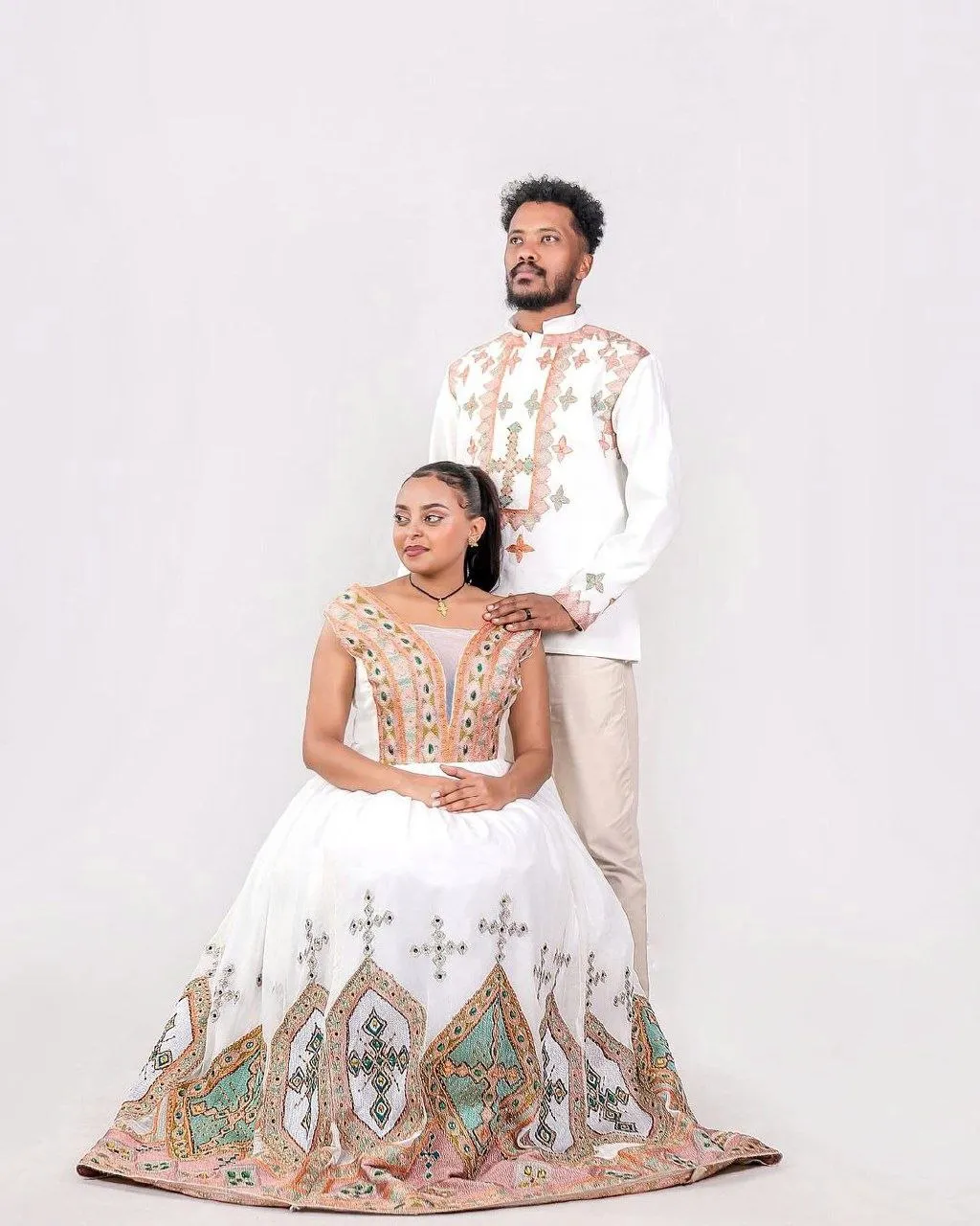 Light Color Habesha Couples Wedding Outfit Modern Ethiopian Couples Outfit