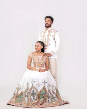 Light Color Habesha Couples Wedding Outfit Modern Ethiopian Couples Outfit