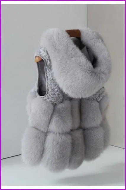 Light Grey Fox Fur with Lamp Fur Hooded Gilet 55CM DO1500