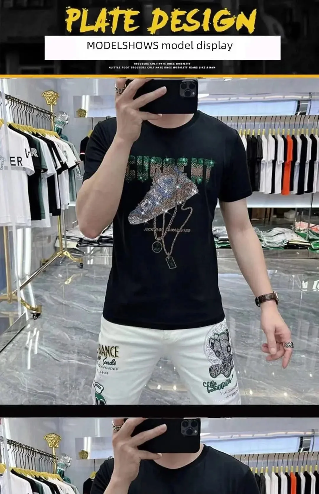 Luxury Rhinestone Heavyweight Short Sleeve T-shirt for Men