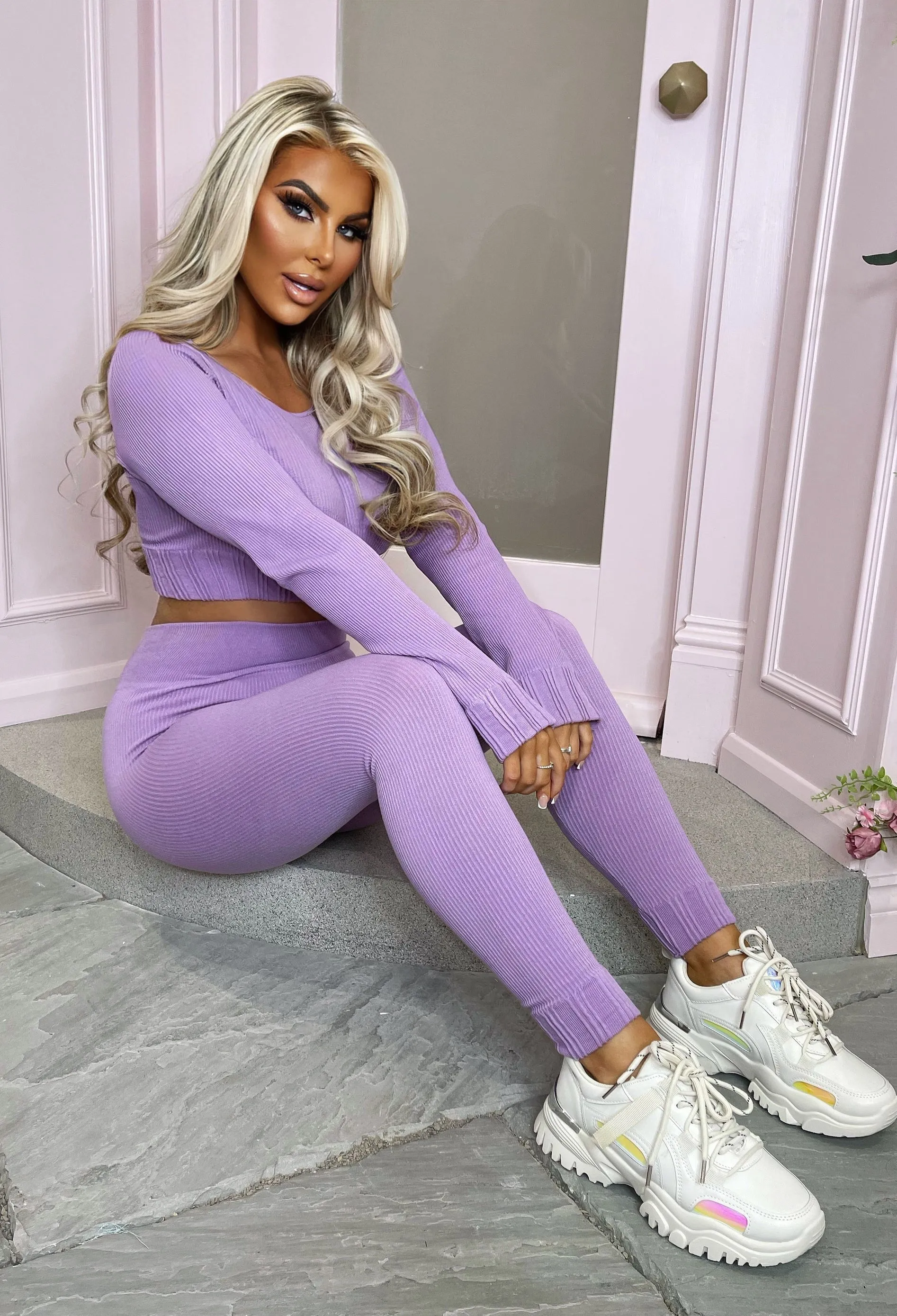 Match My Energy Lilac Ribbed Athleisure Long Sleeve Set