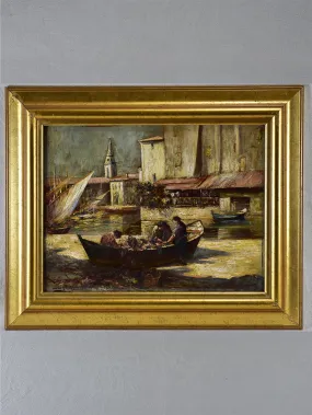 Mediterranean fishing scene signed - oil on wood - 1930's - 21¼" x 25¼"