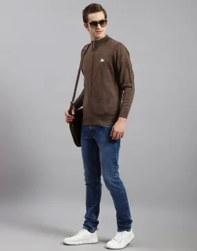 Men Brown Solid Stand Collar Full Sleeve Pullover