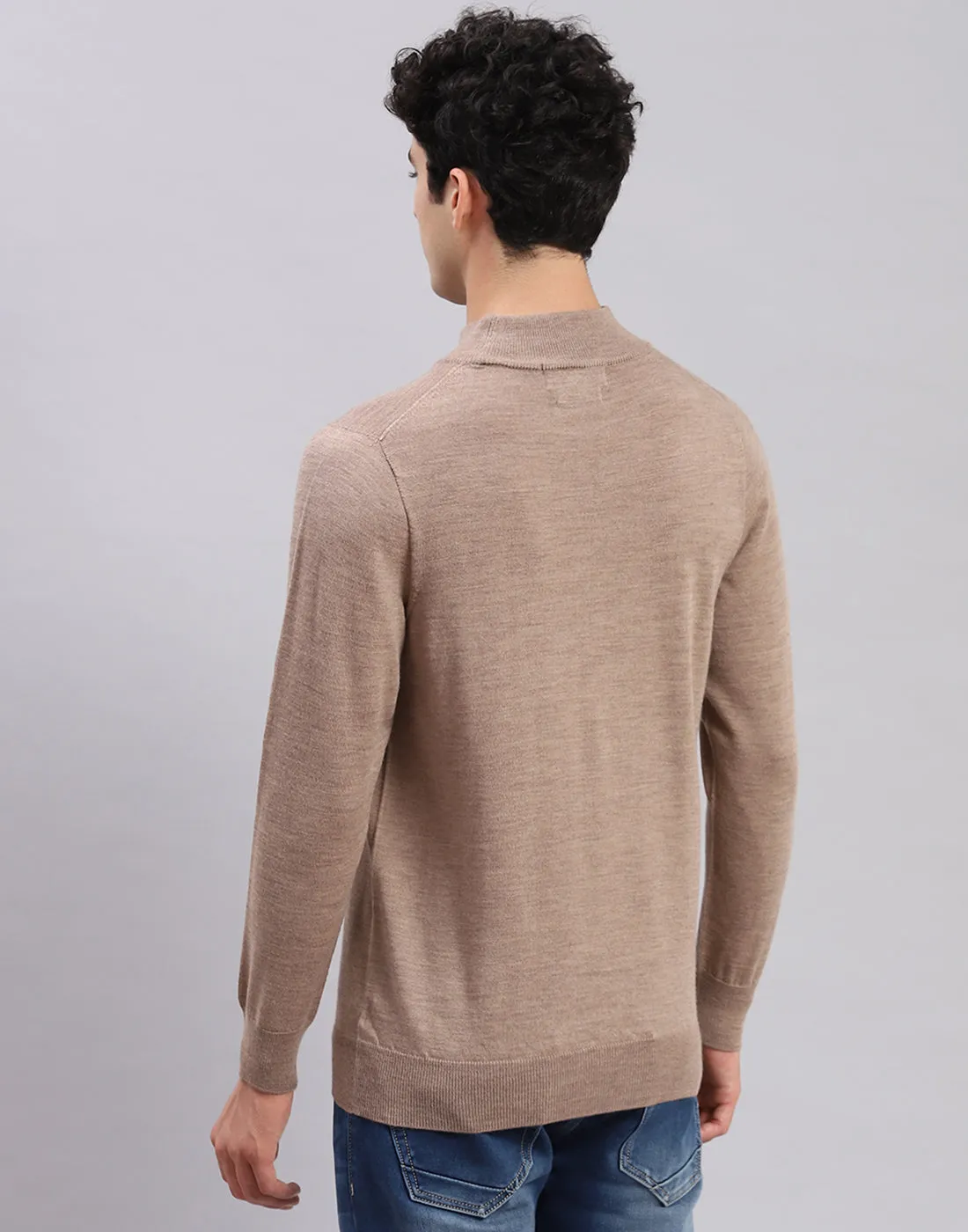 Men Brown Solid Turtle Neck Full Sleeve Pullover