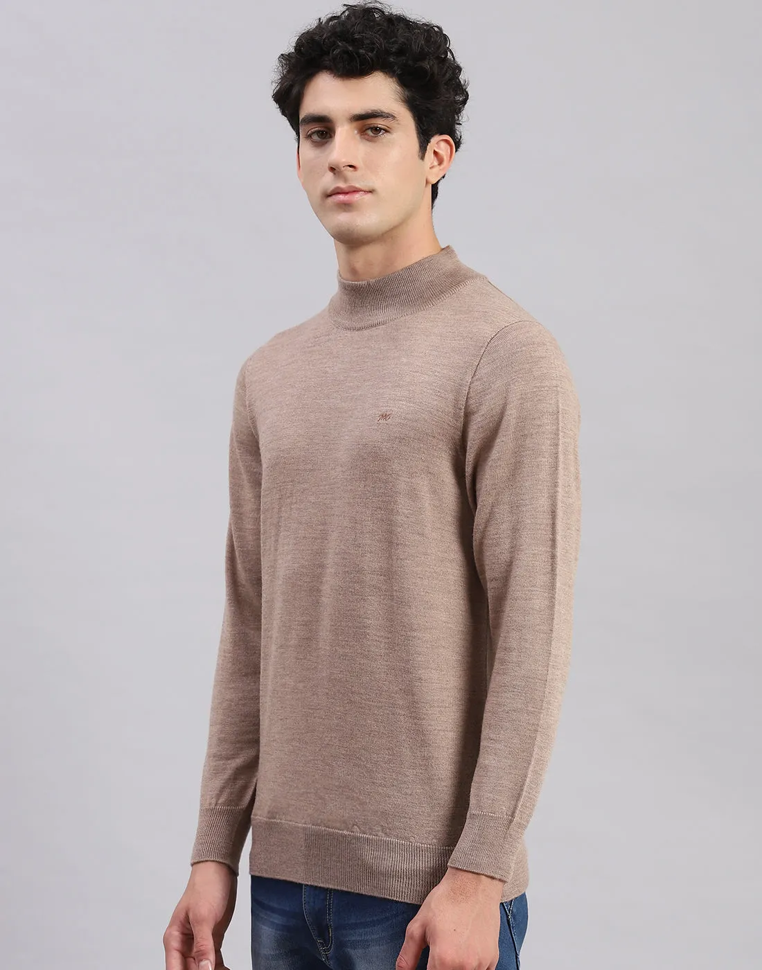 Men Brown Solid Turtle Neck Full Sleeve Pullover