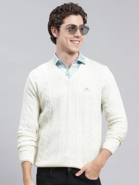 Men Cream Self Design Wool blend Pullover