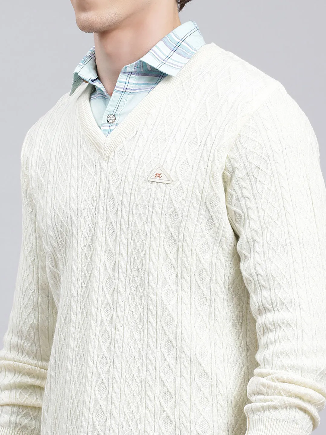 Men Cream Self Design Wool blend Pullover