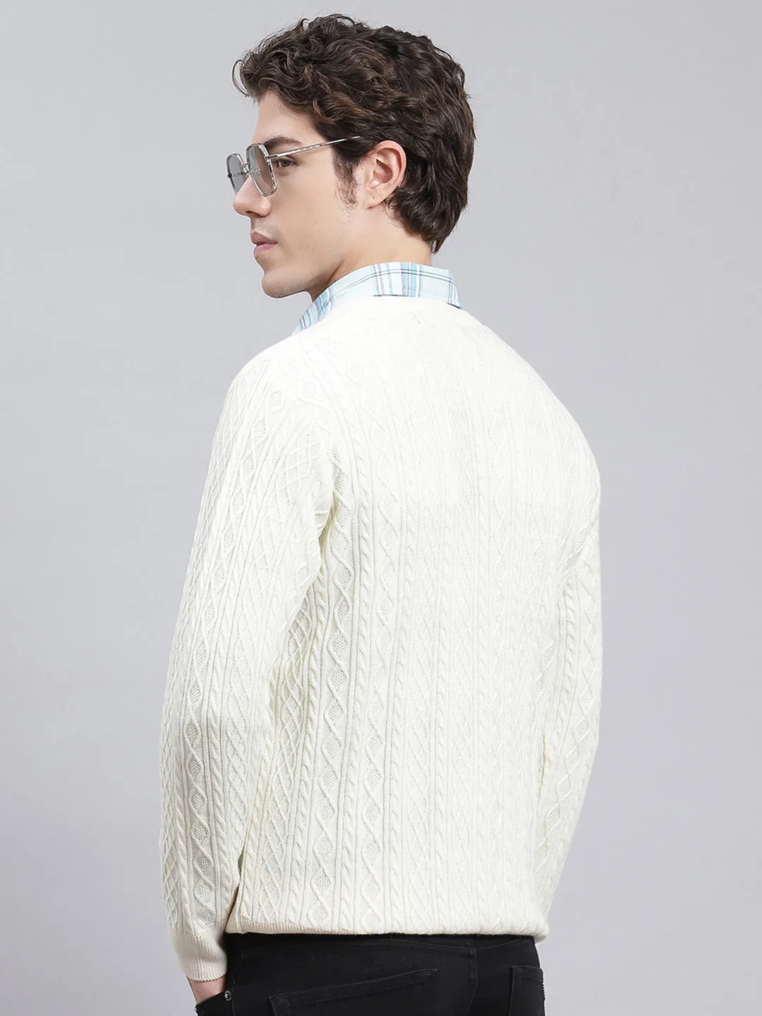 Men Cream Self Design Wool blend Pullover