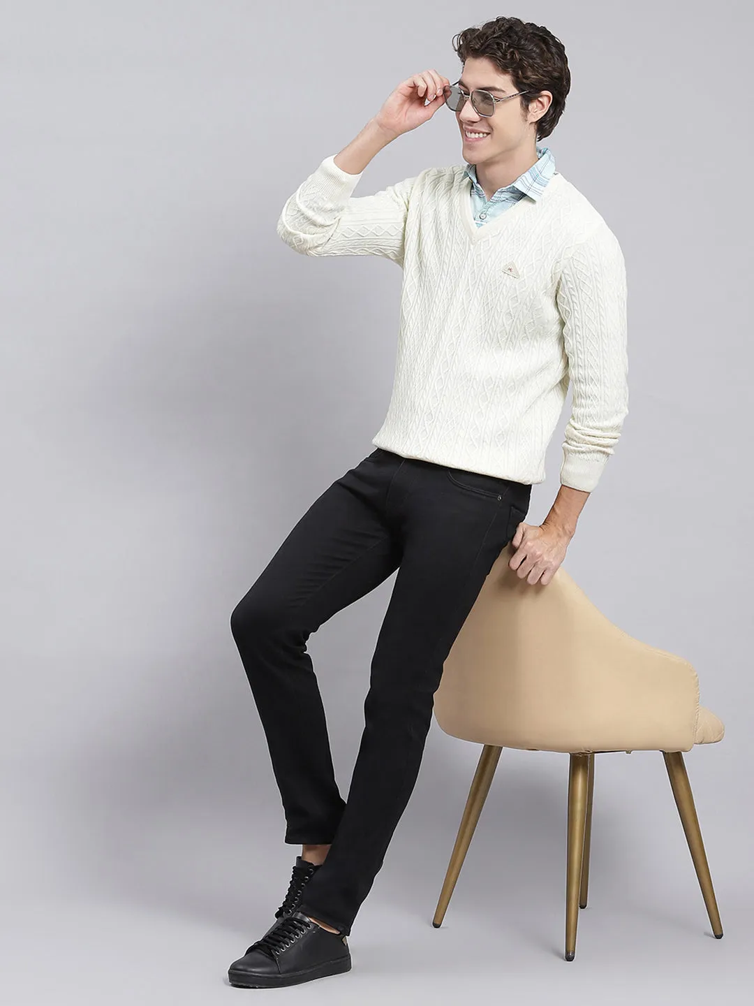 Men Cream Self Design Wool blend Pullover