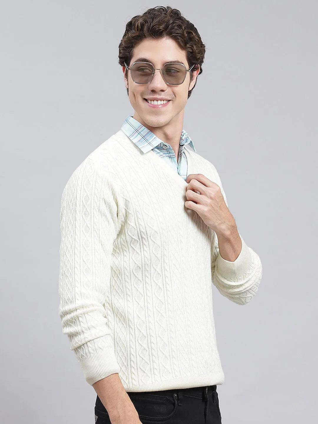 Men Cream Self Design Wool blend Pullover