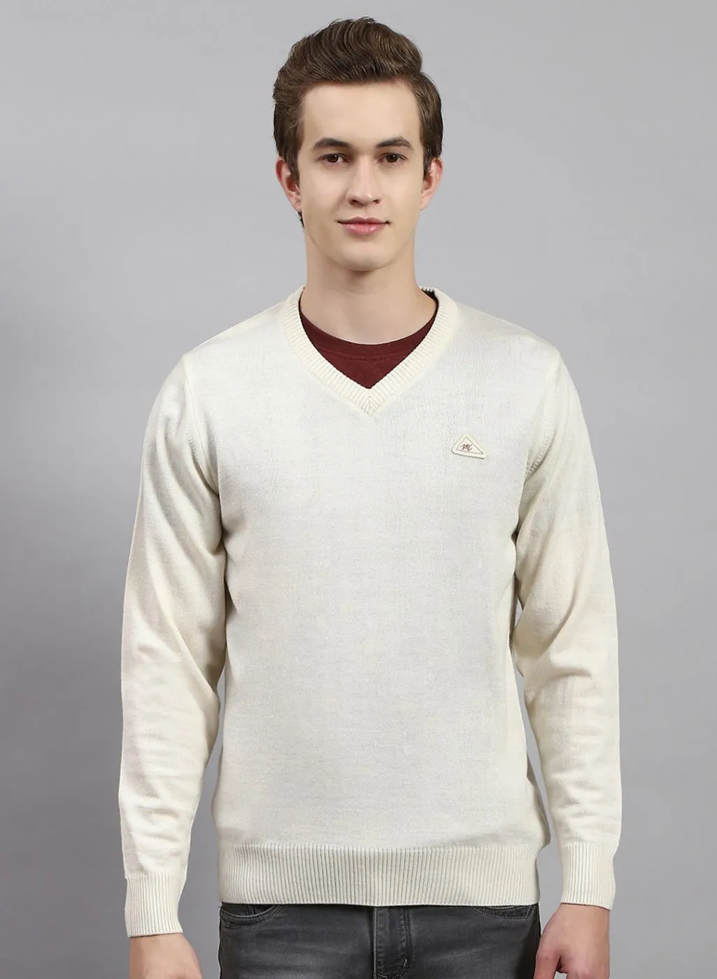 Men Cream Solid Wool blend Pullover