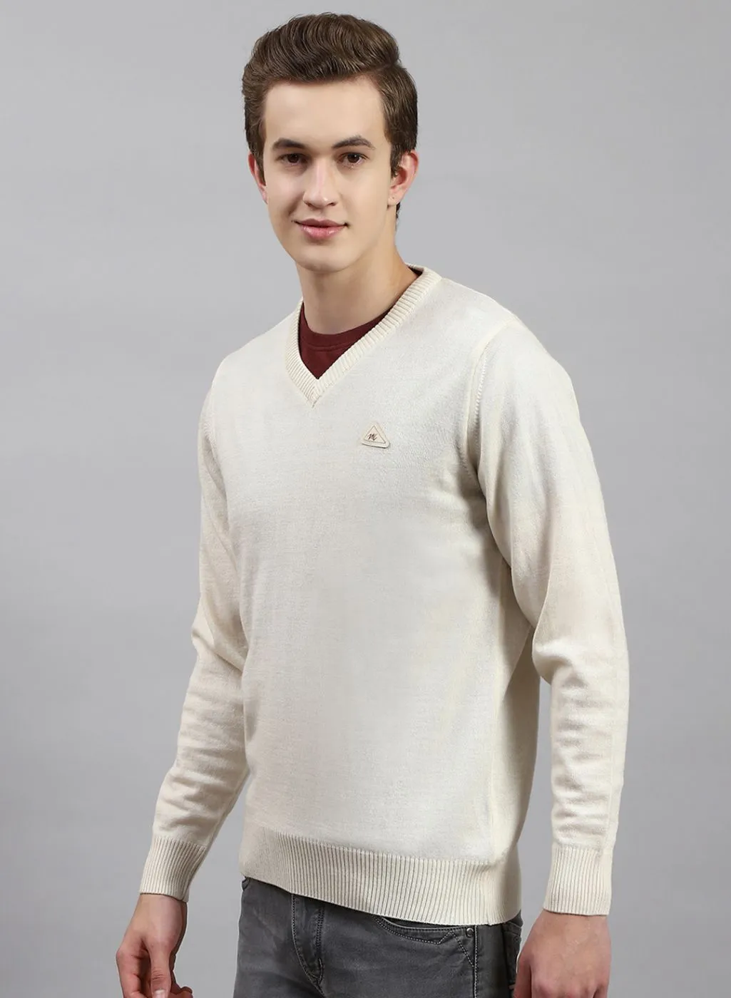 Men Cream Solid Wool blend Pullover