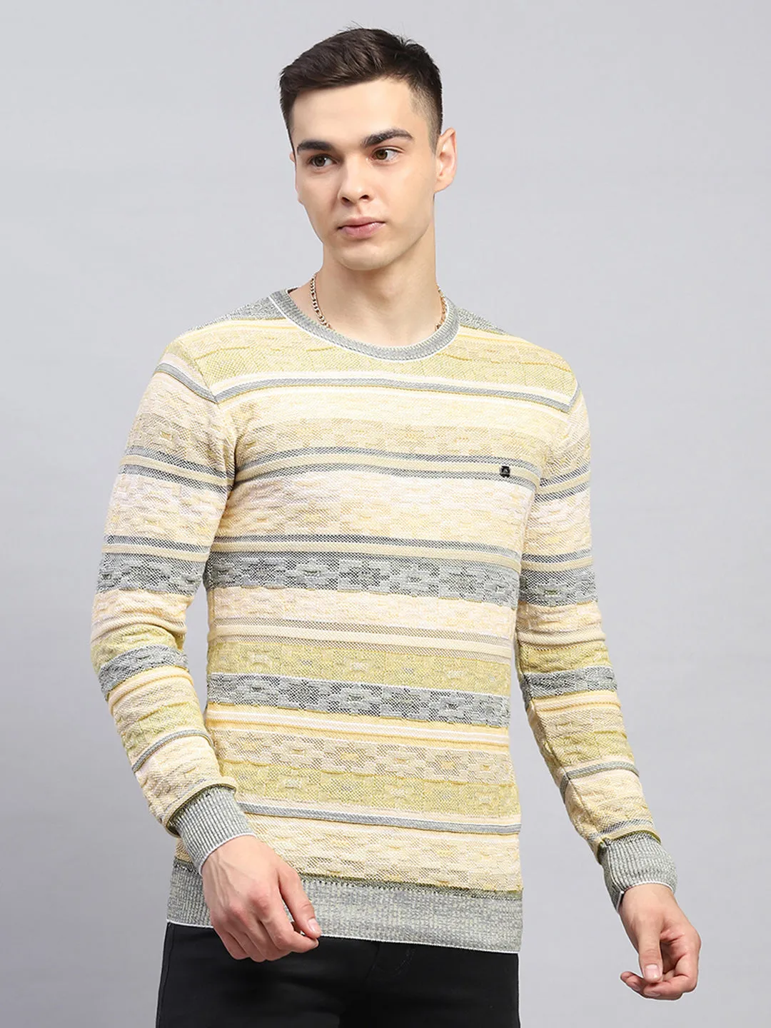 Men Green Stripe Round Neck Full Sleeve Pullover