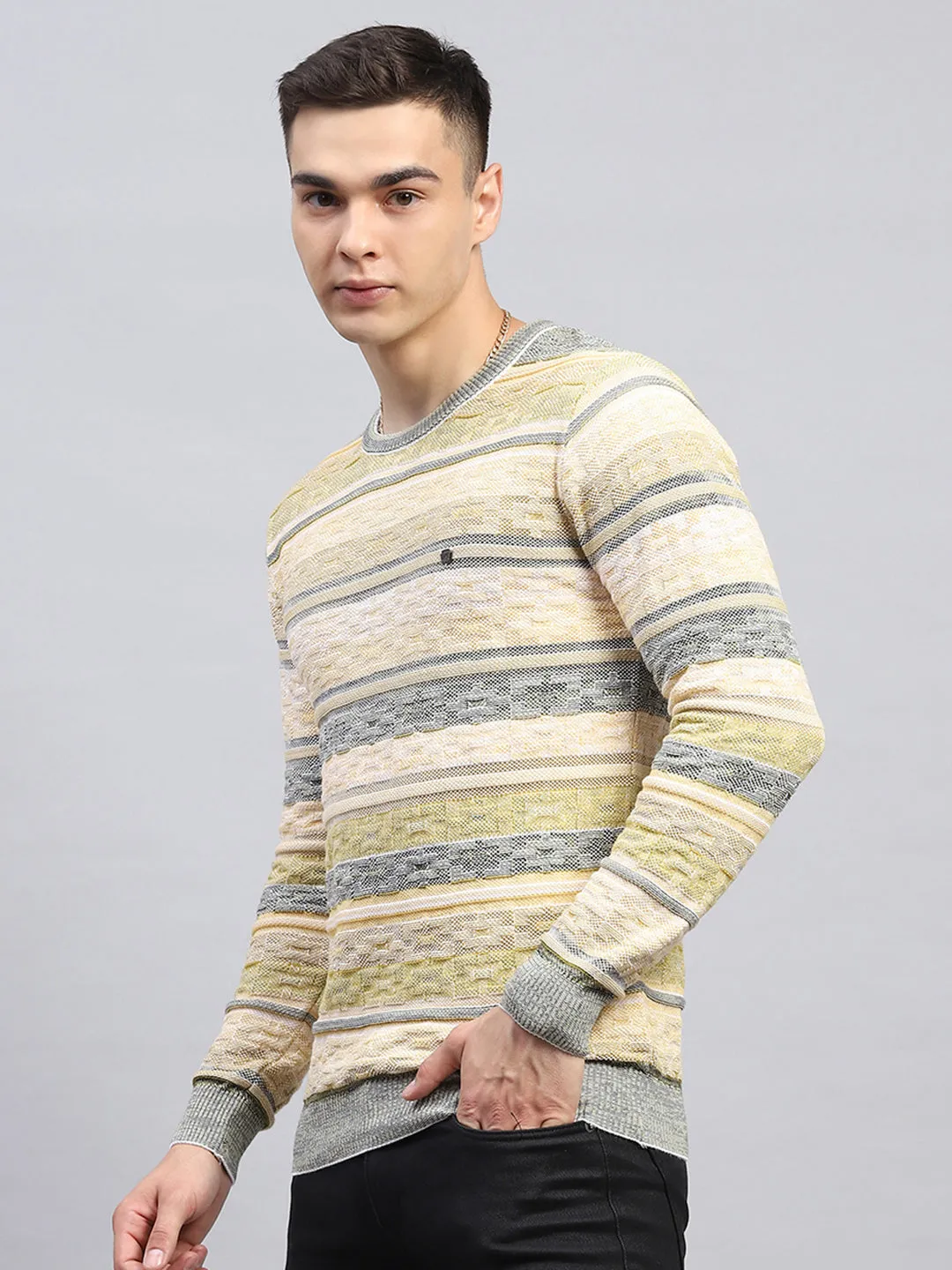 Men Green Stripe Round Neck Full Sleeve Pullover