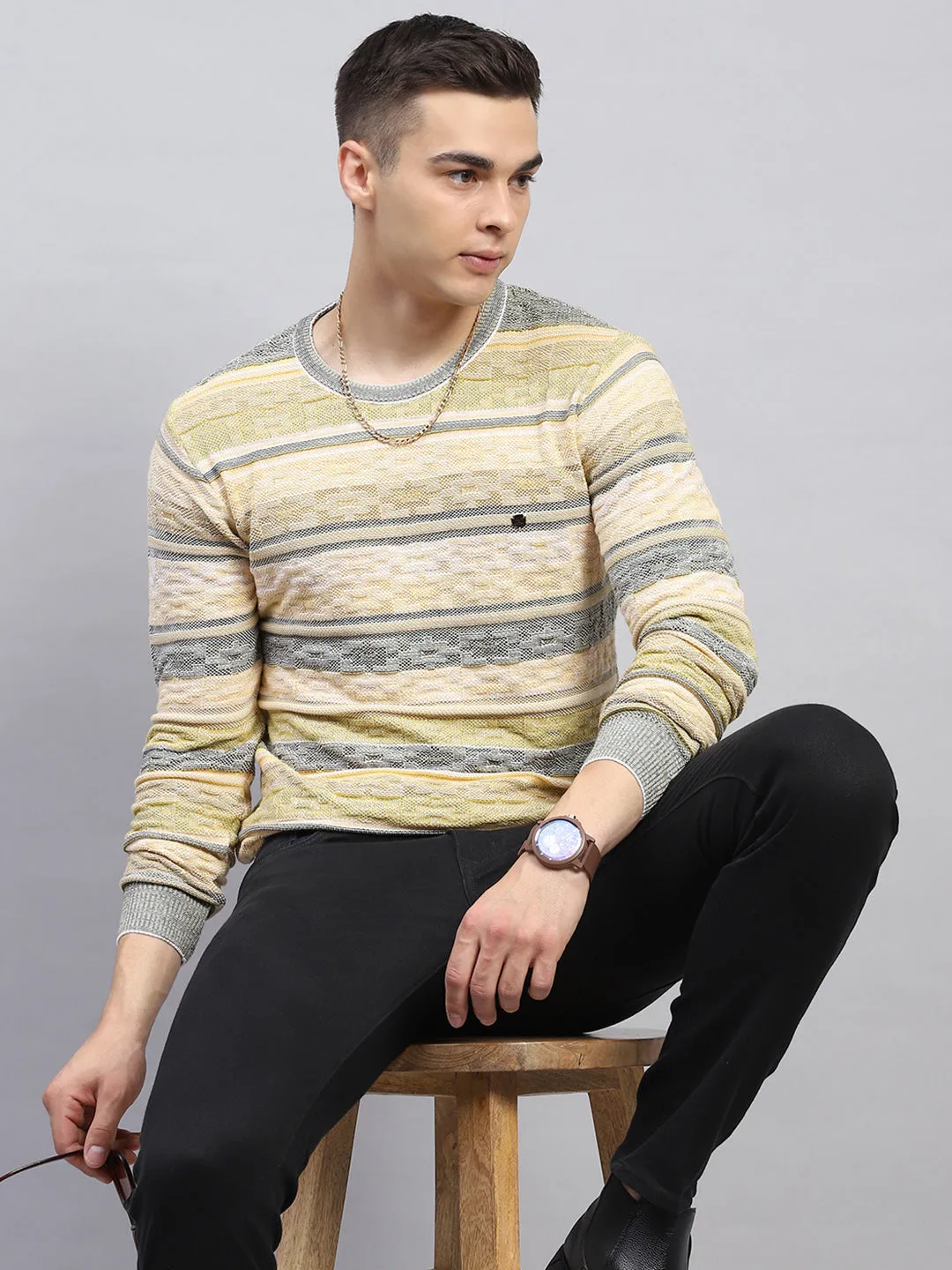 Men Green Stripe Round Neck Full Sleeve Pullover