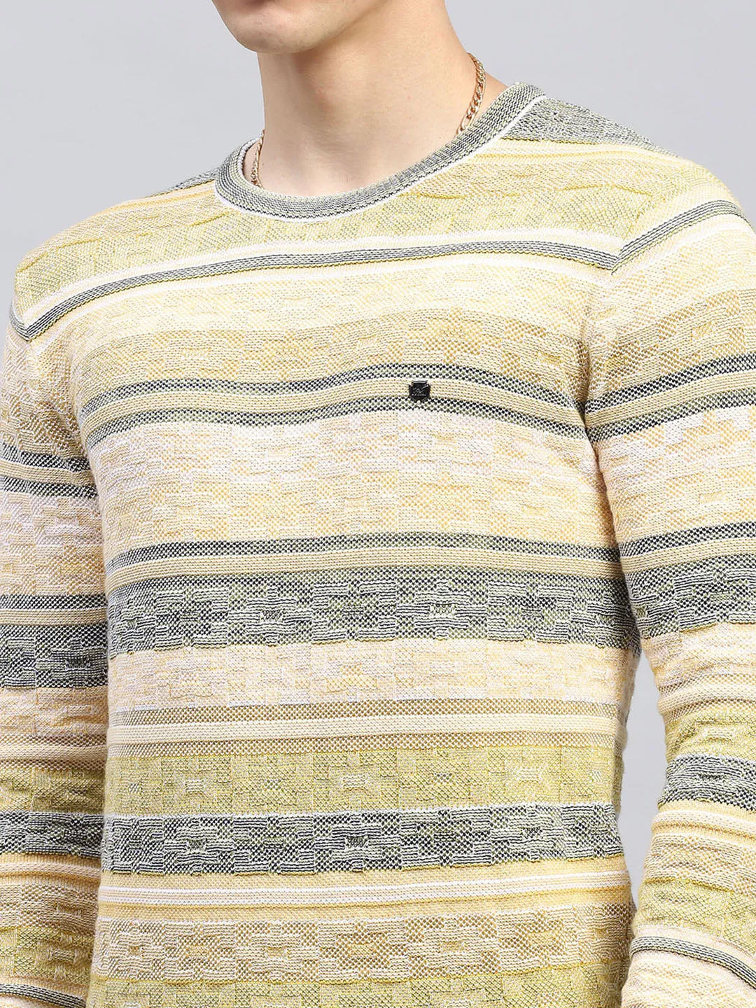 Men Green Stripe Round Neck Full Sleeve Pullover