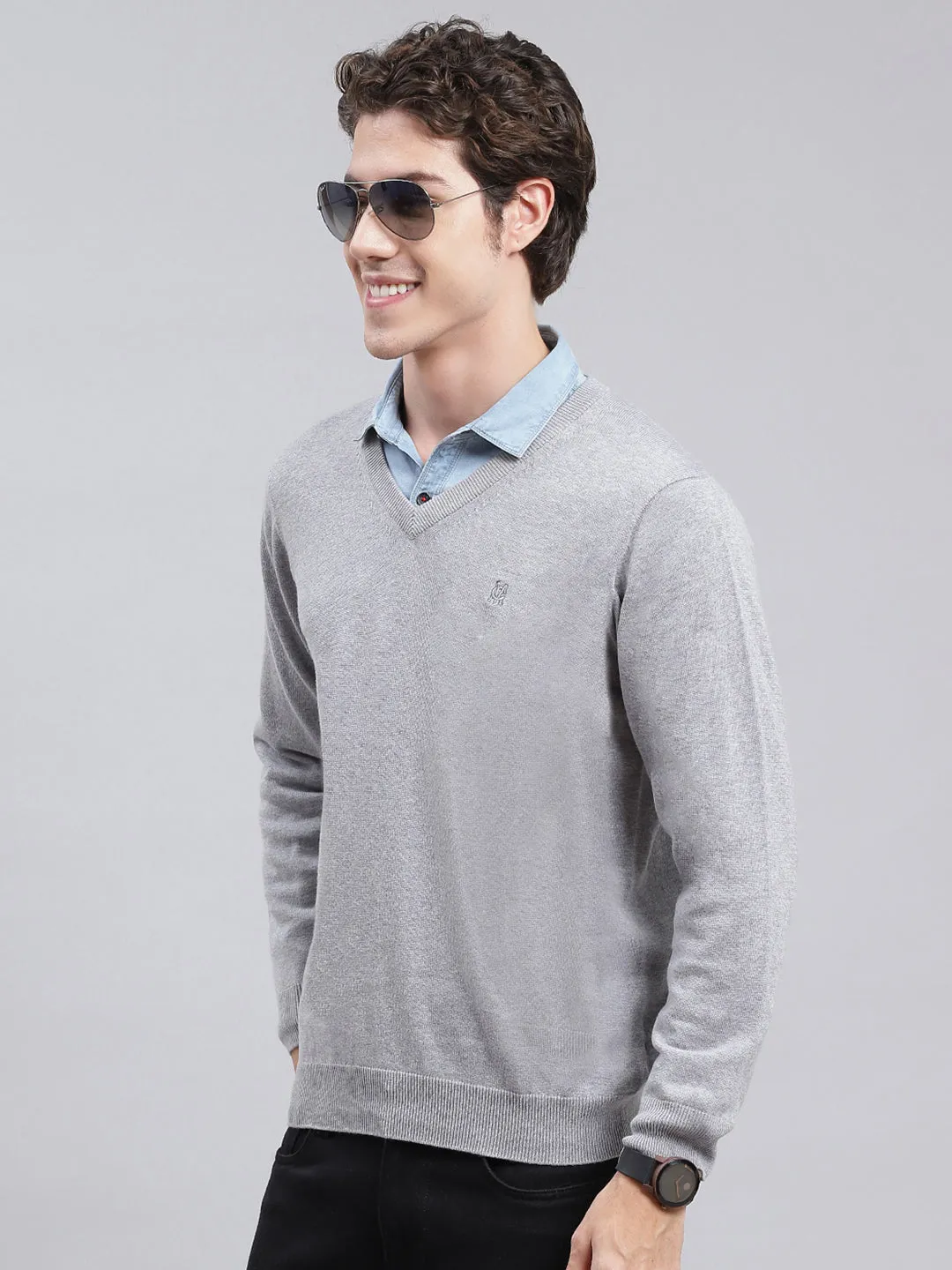 Men Grey Solid Cotton Pullover