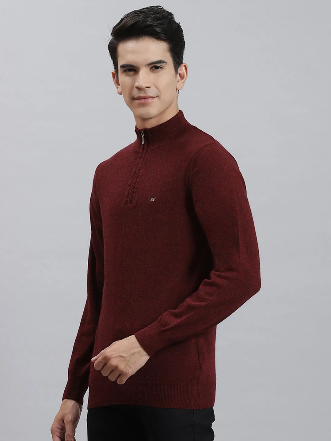 Men Maroon Solid Stand Collar Full Sleeve Sweaters/Pullovers