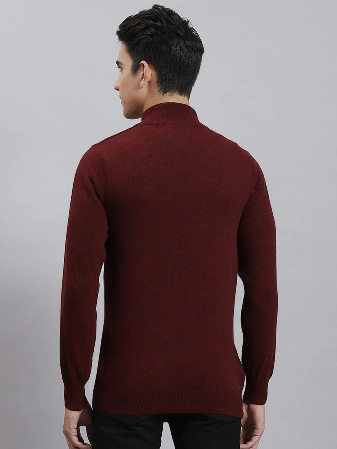 Men Maroon Solid Stand Collar Full Sleeve Sweaters/Pullovers