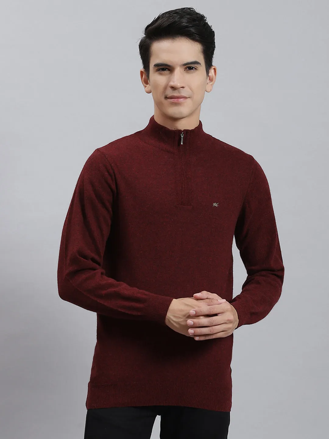 Men Maroon Solid Stand Collar Full Sleeve Sweaters/Pullovers