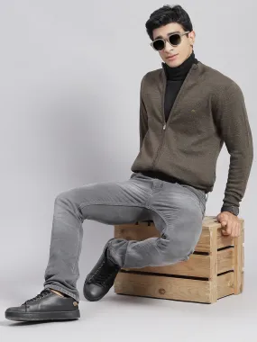 Men Olive Solid Stand Collar Full Sleeve Sweaters/Pullovers