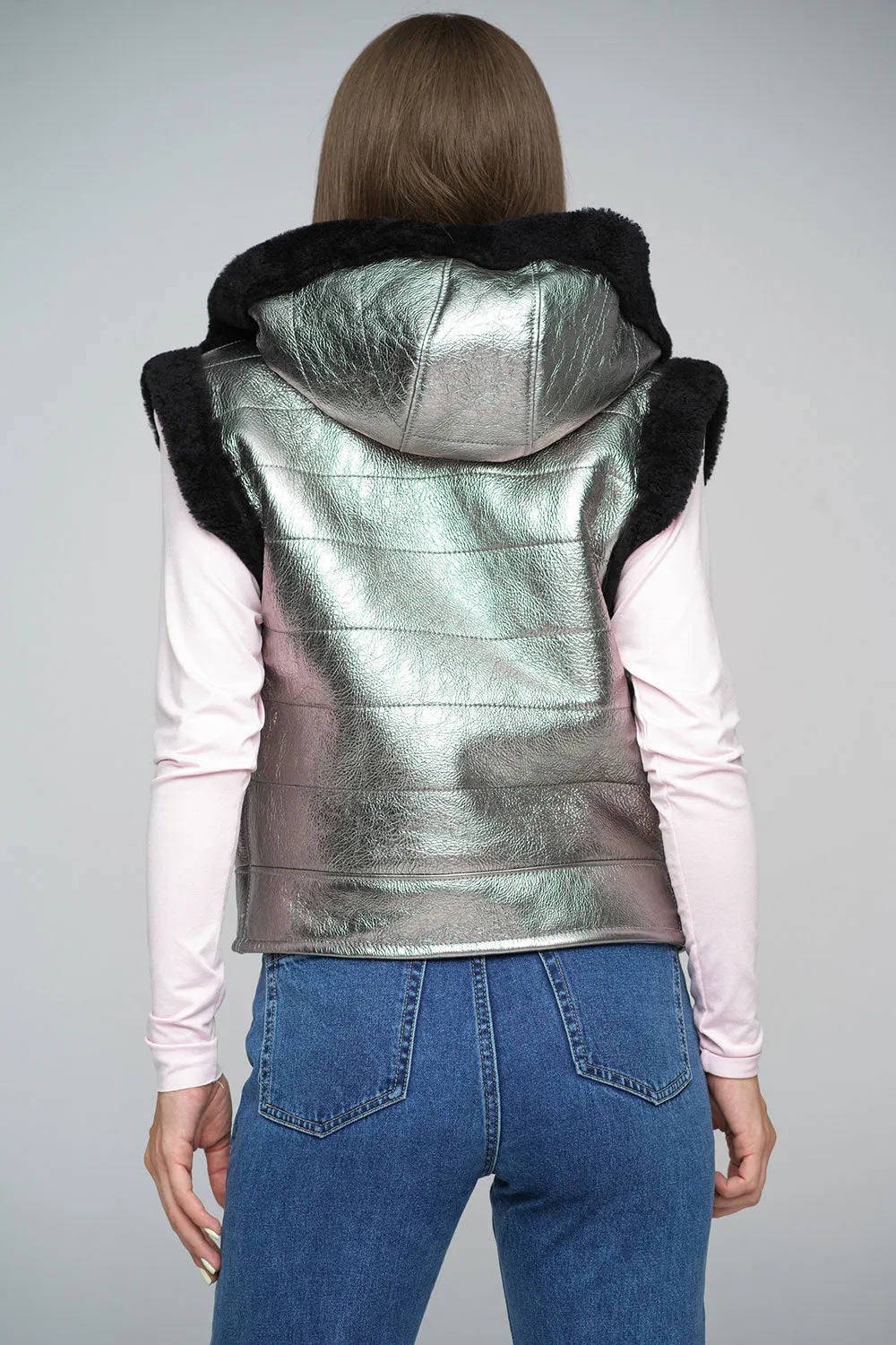 Metallic Silver Merino Shearling Hooded Vest