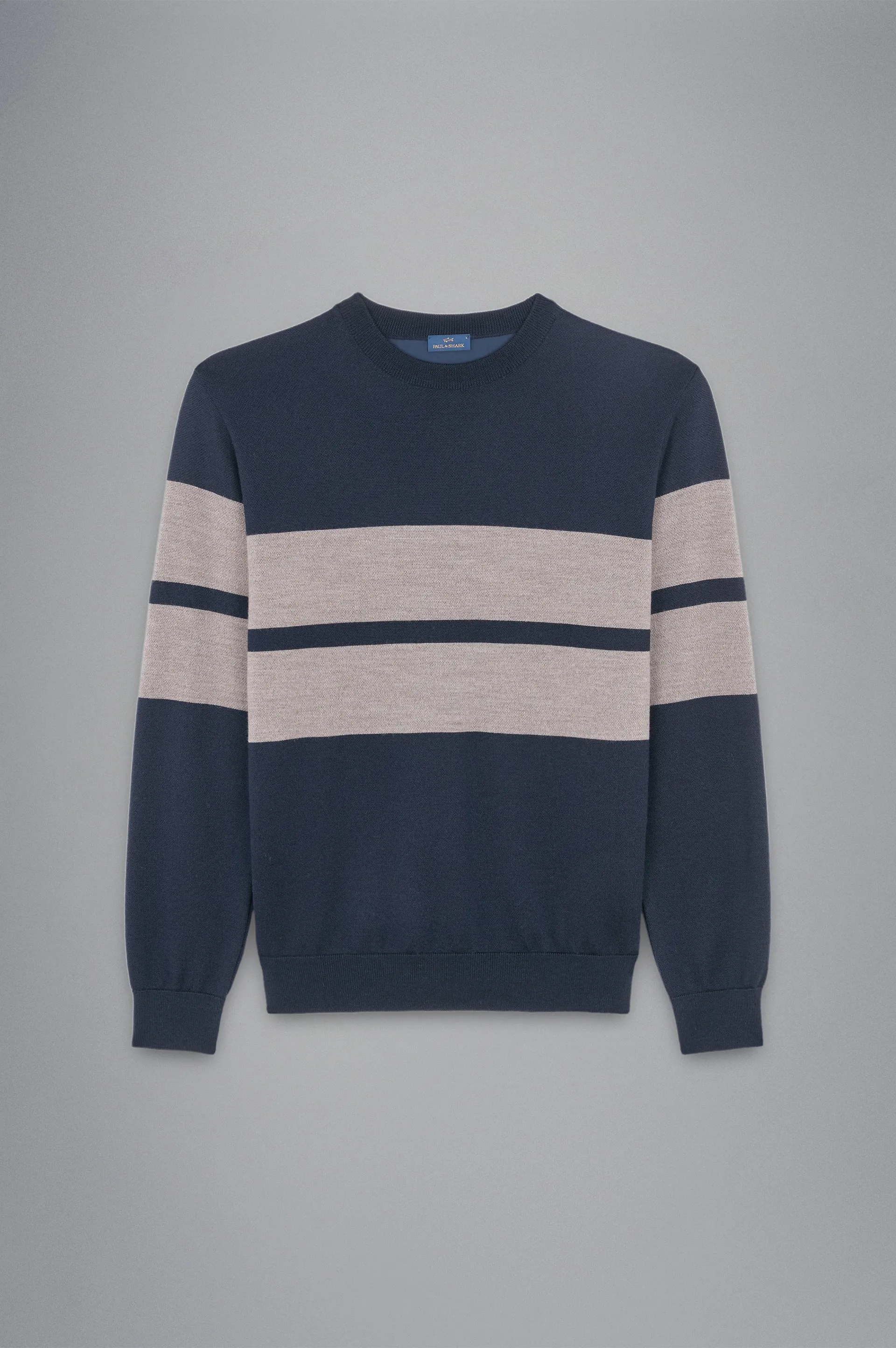 Paul & Shark Wool Crewneck Pullover with Save the Sea Fabric | Navy/Beige