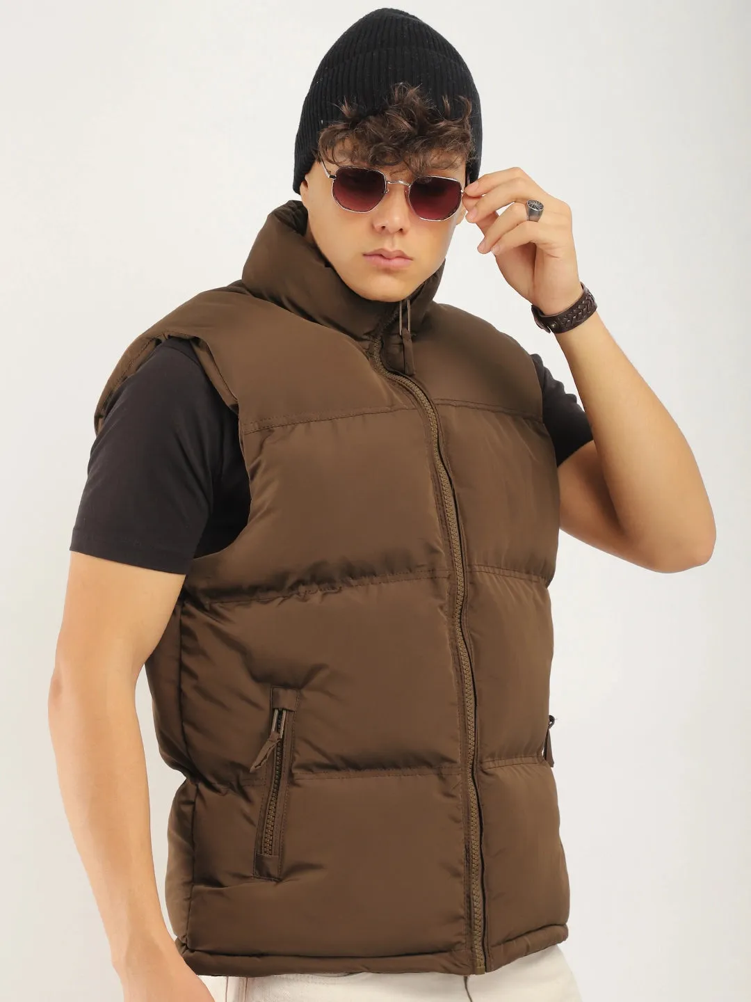 Quilted Gilet Cut Sleeves Brown Puffer Jacket