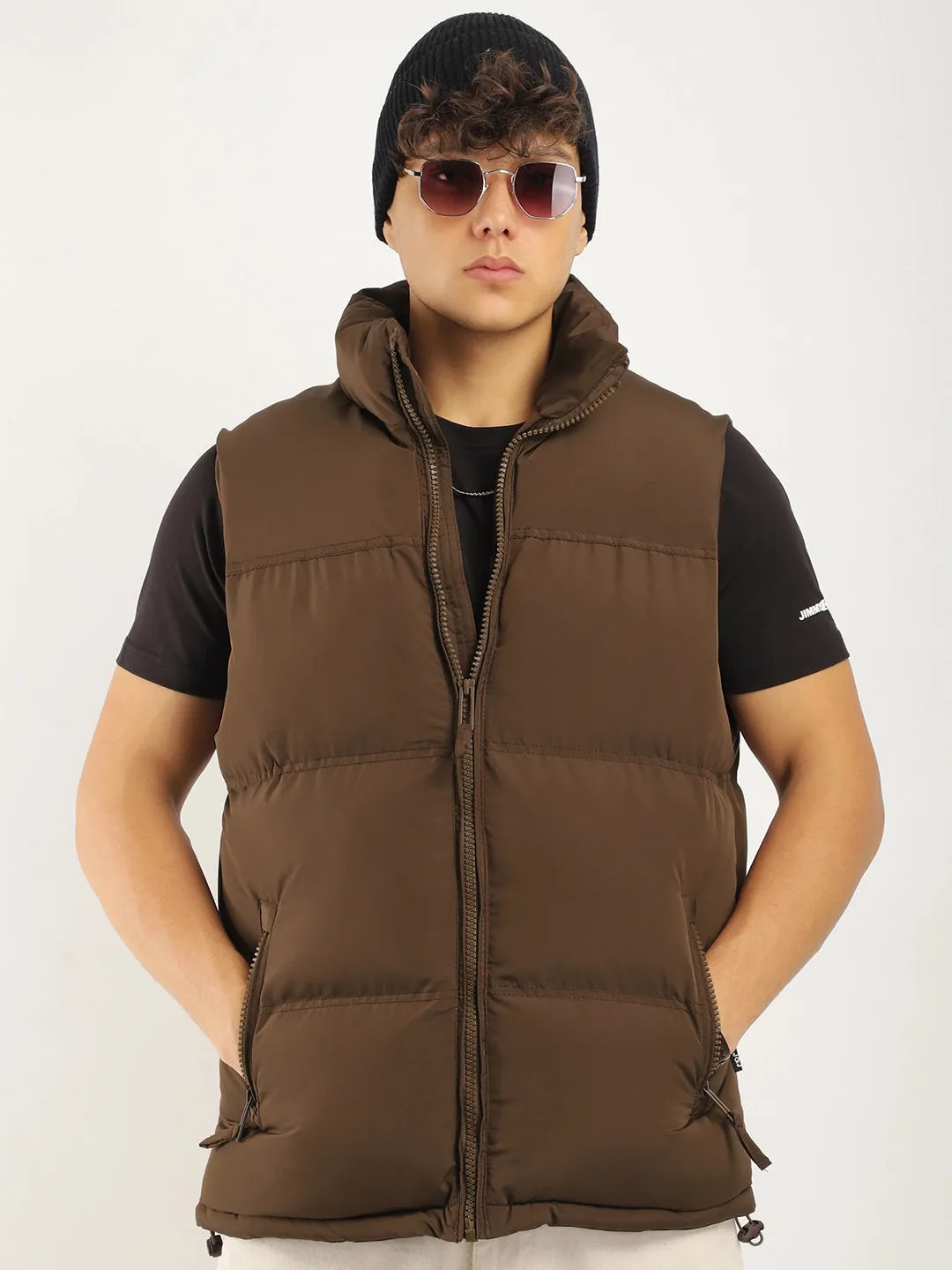 Quilted Gilet Cut Sleeves Brown Puffer Jacket