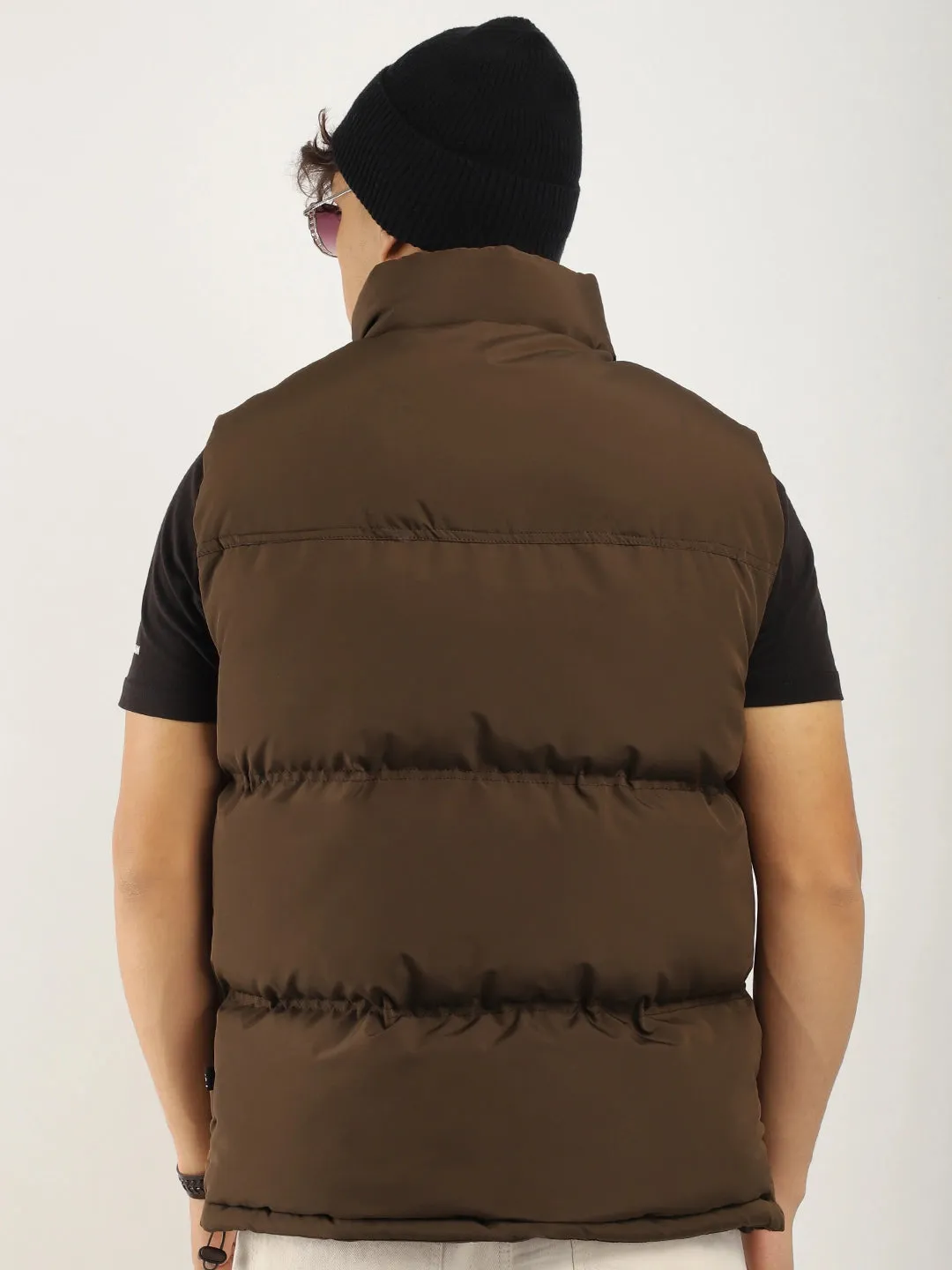 Quilted Gilet Cut Sleeves Brown Puffer Jacket