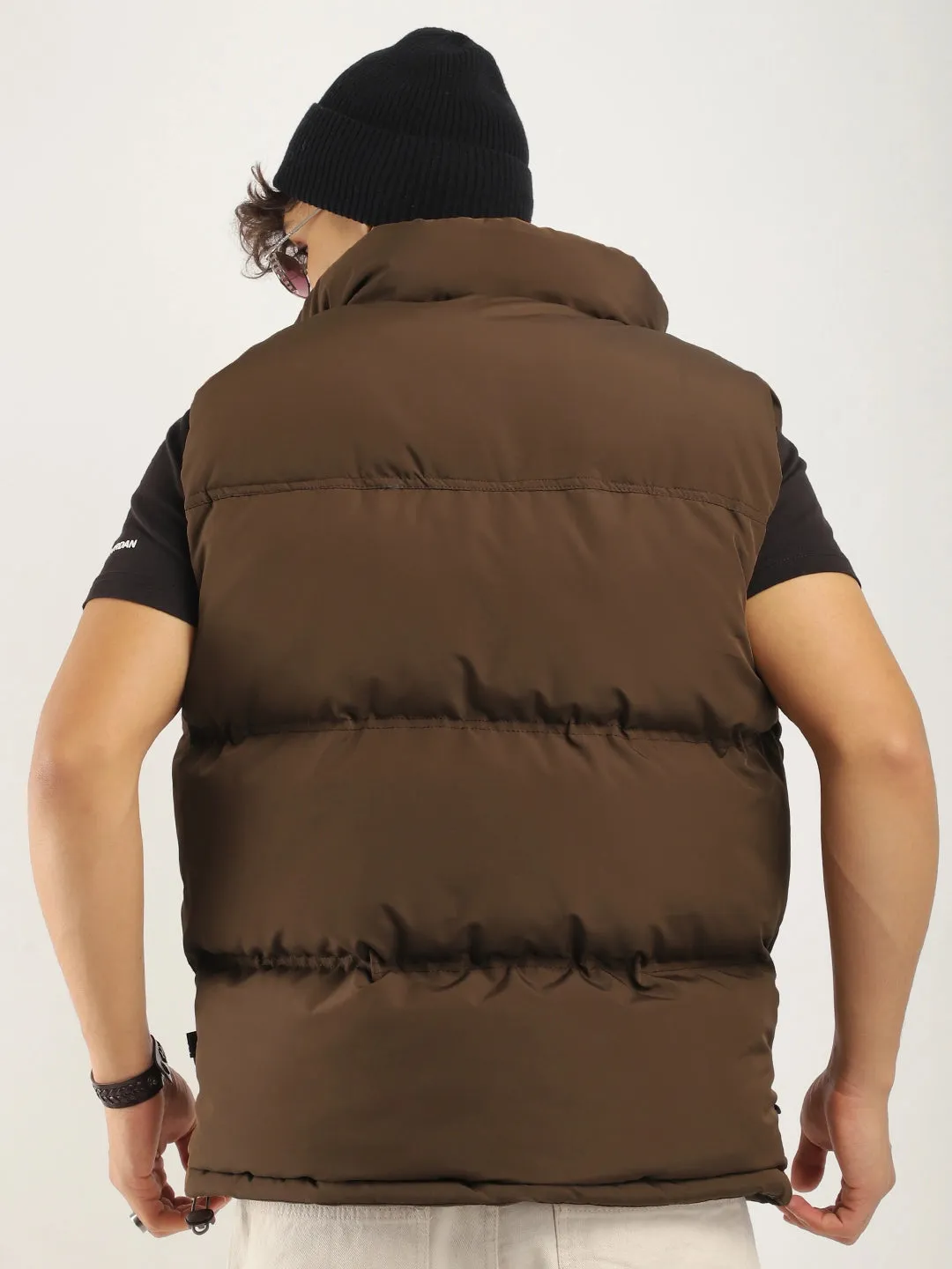 Quilted Gilet Cut Sleeves Brown Puffer Jacket