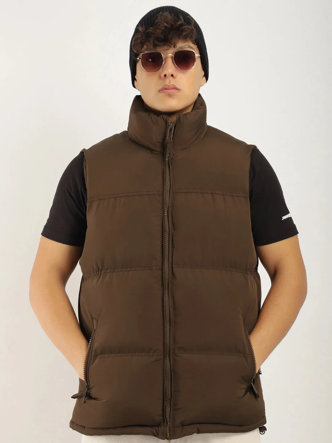 Quilted Gilet Cut Sleeves Brown Puffer Jacket