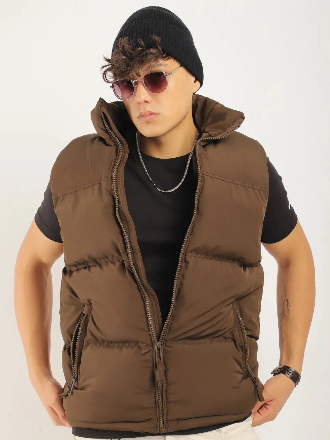 Quilted Gilet Cut Sleeves Brown Puffer Jacket