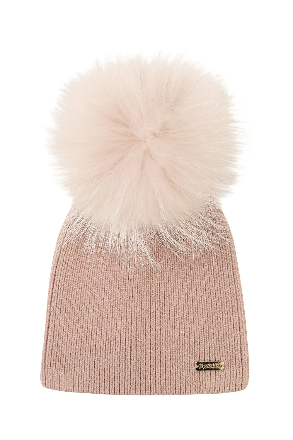 Ribbed knit angora single pompom hat - Beige