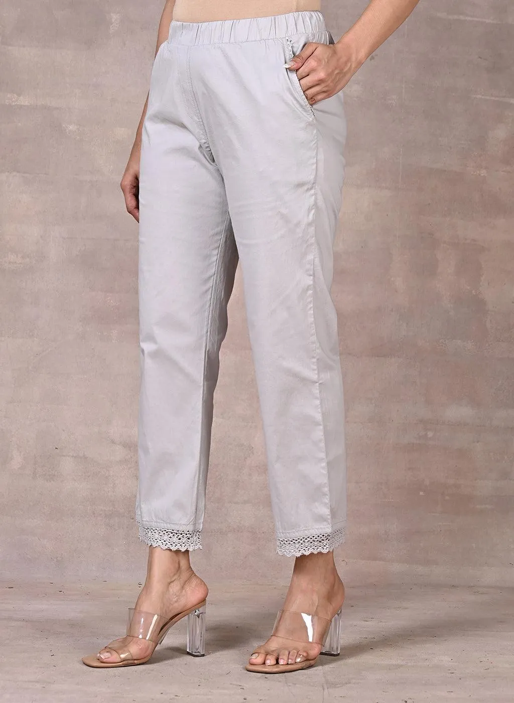 Shazia Grey Cotton Relaxed Fit Pants for Women