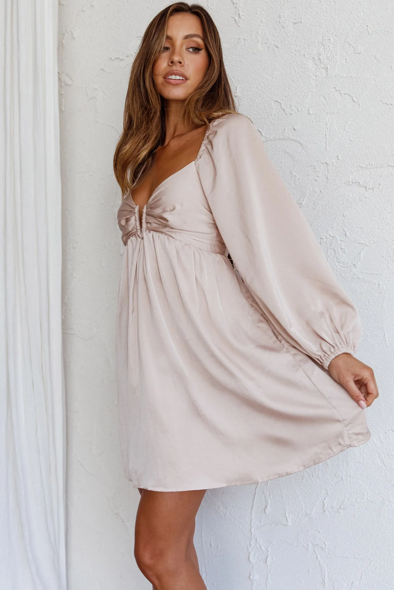 Tansy Long Sleeve Babydoll Dress Beige