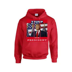 TRUMP - OUR PRESIDENT Men's Hoodie For The USA |Gildan 18500 RED BACKGROUND