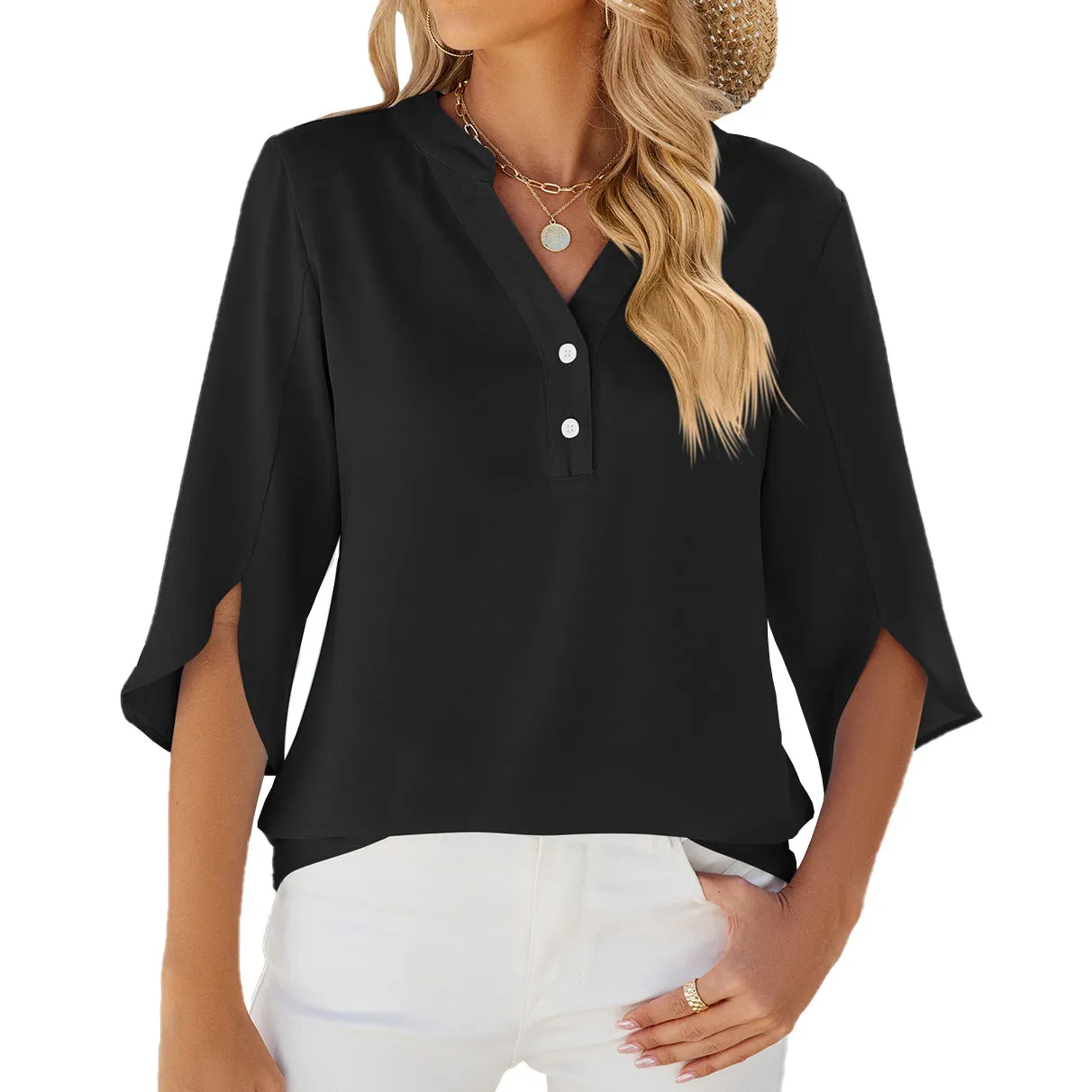 V-neck Mid-sleeve Chiffon Shirt