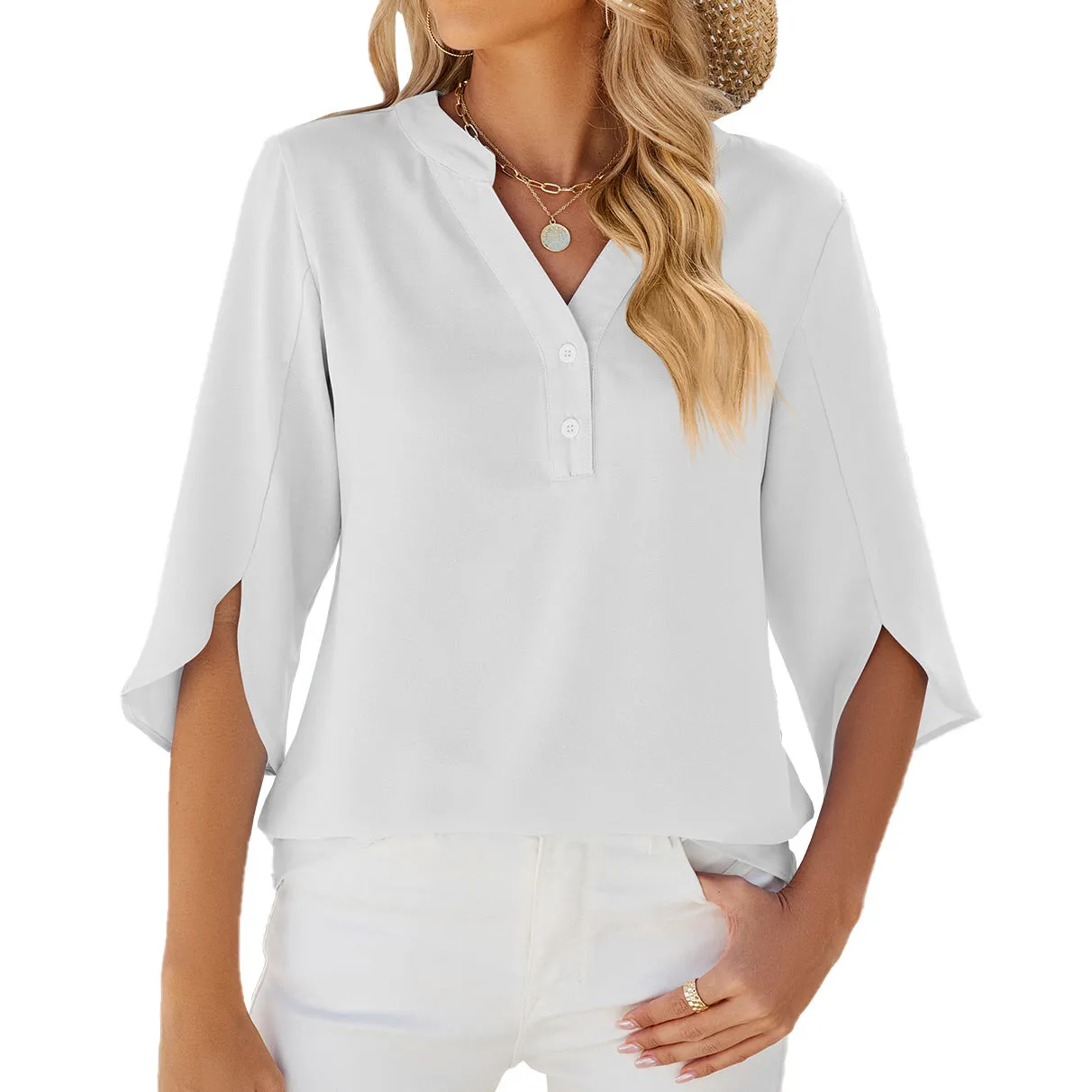 V-neck Mid-sleeve Chiffon Shirt