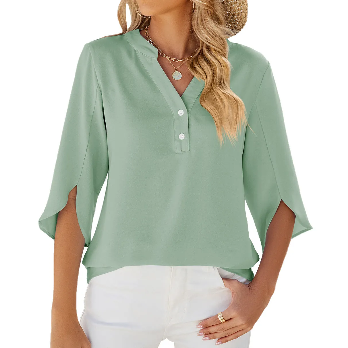 V-neck Mid-sleeve Chiffon Shirt