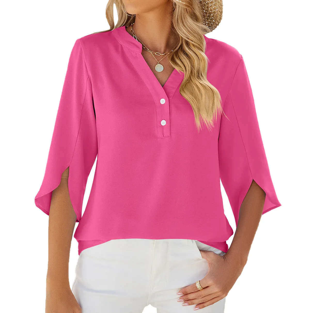 V-neck Mid-sleeve Chiffon Shirt