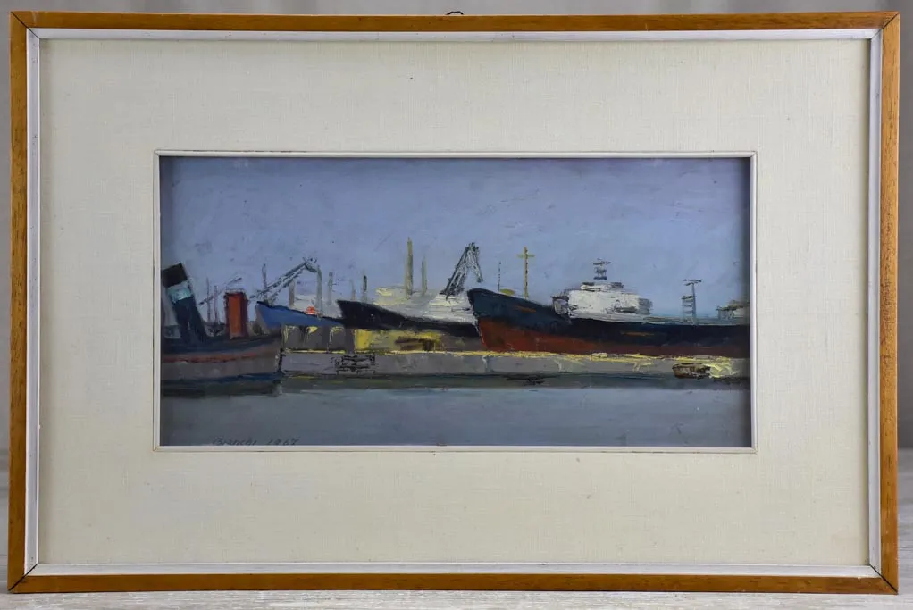 Vintage painting of boats in a harbor, framed signed and dated 15 x 22¾""