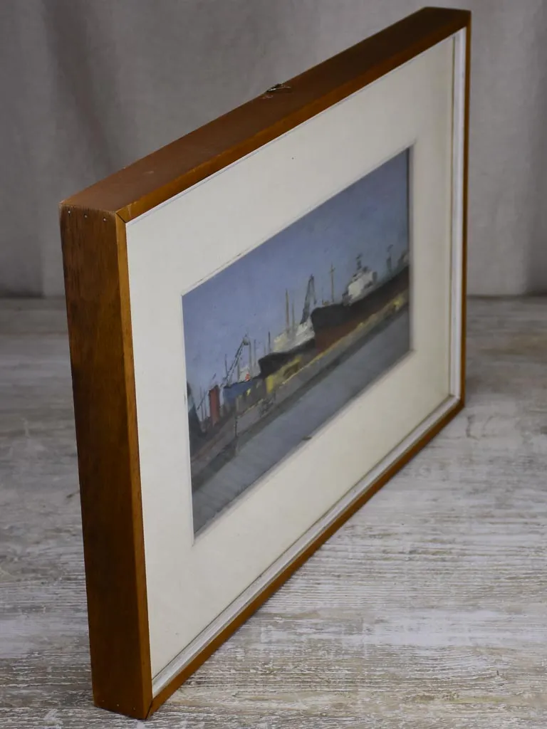 Vintage painting of boats in a harbor, framed signed and dated 15 x 22¾""