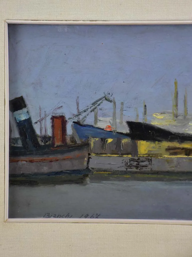 Vintage painting of boats in a harbor, framed signed and dated 15 x 22¾""