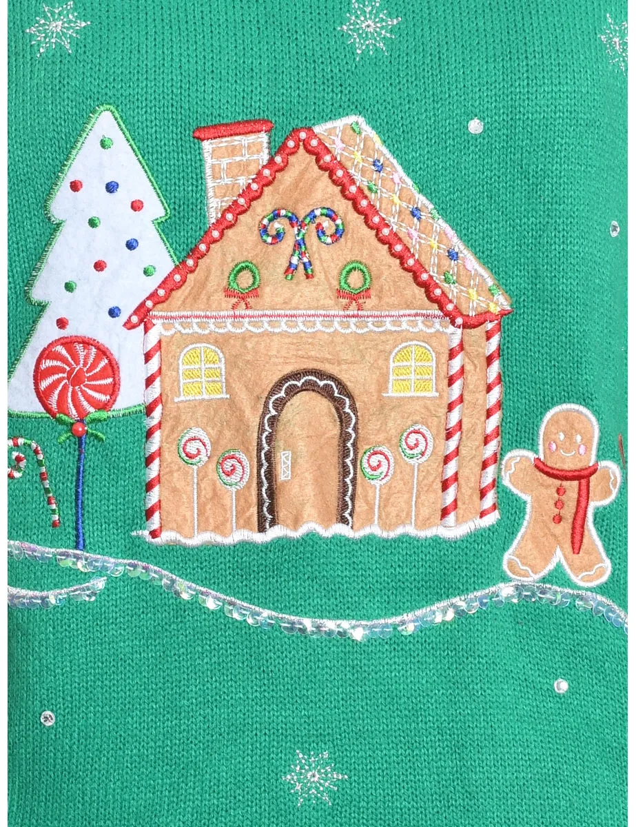 Winter Scene Green Knit Christmas Jumper - L