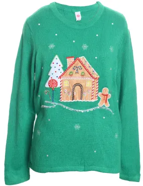 Winter Scene Green Knit Christmas Jumper - L