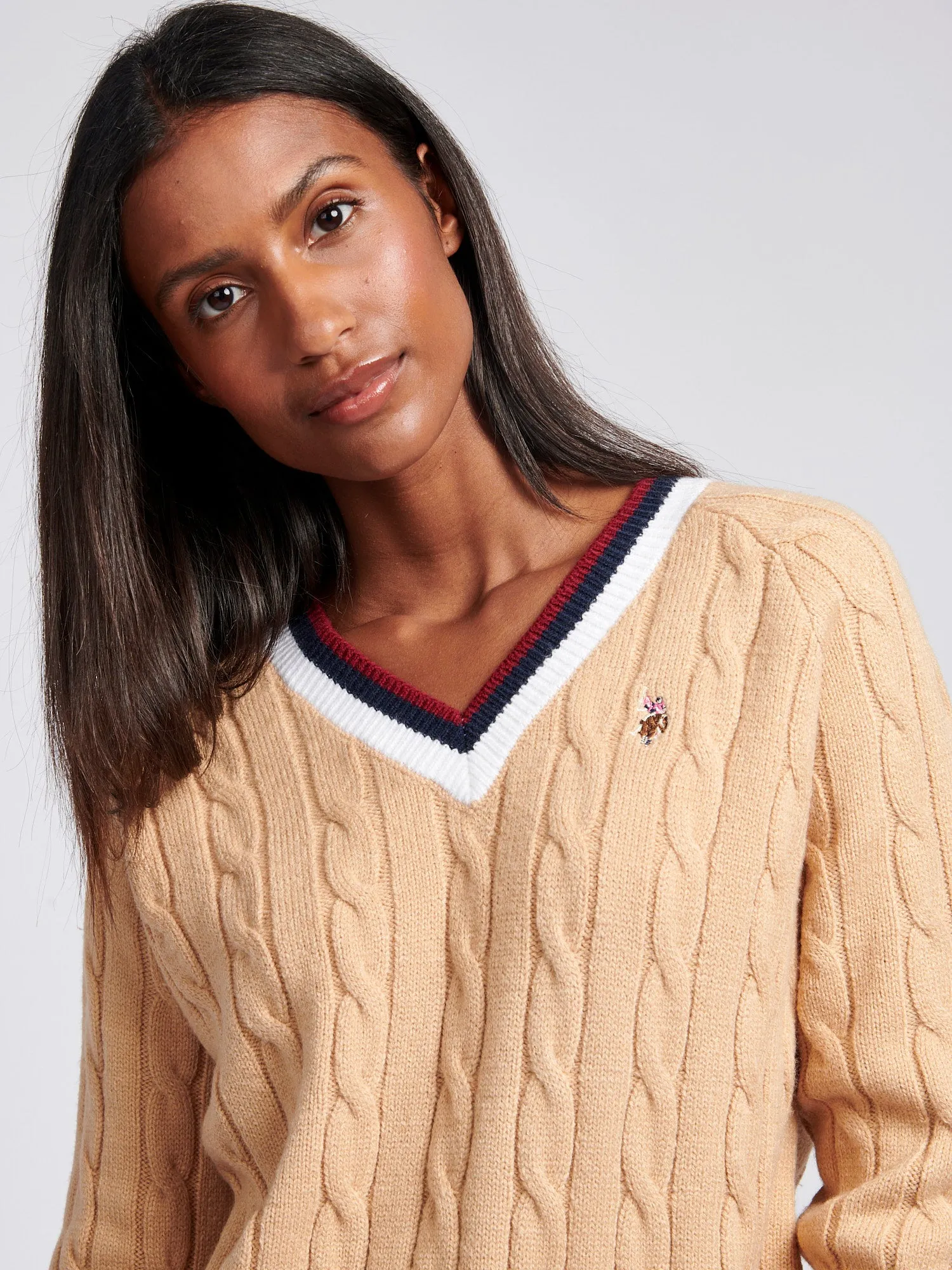 Womens Cable Knit Cricket Jumper in Cuban Sand