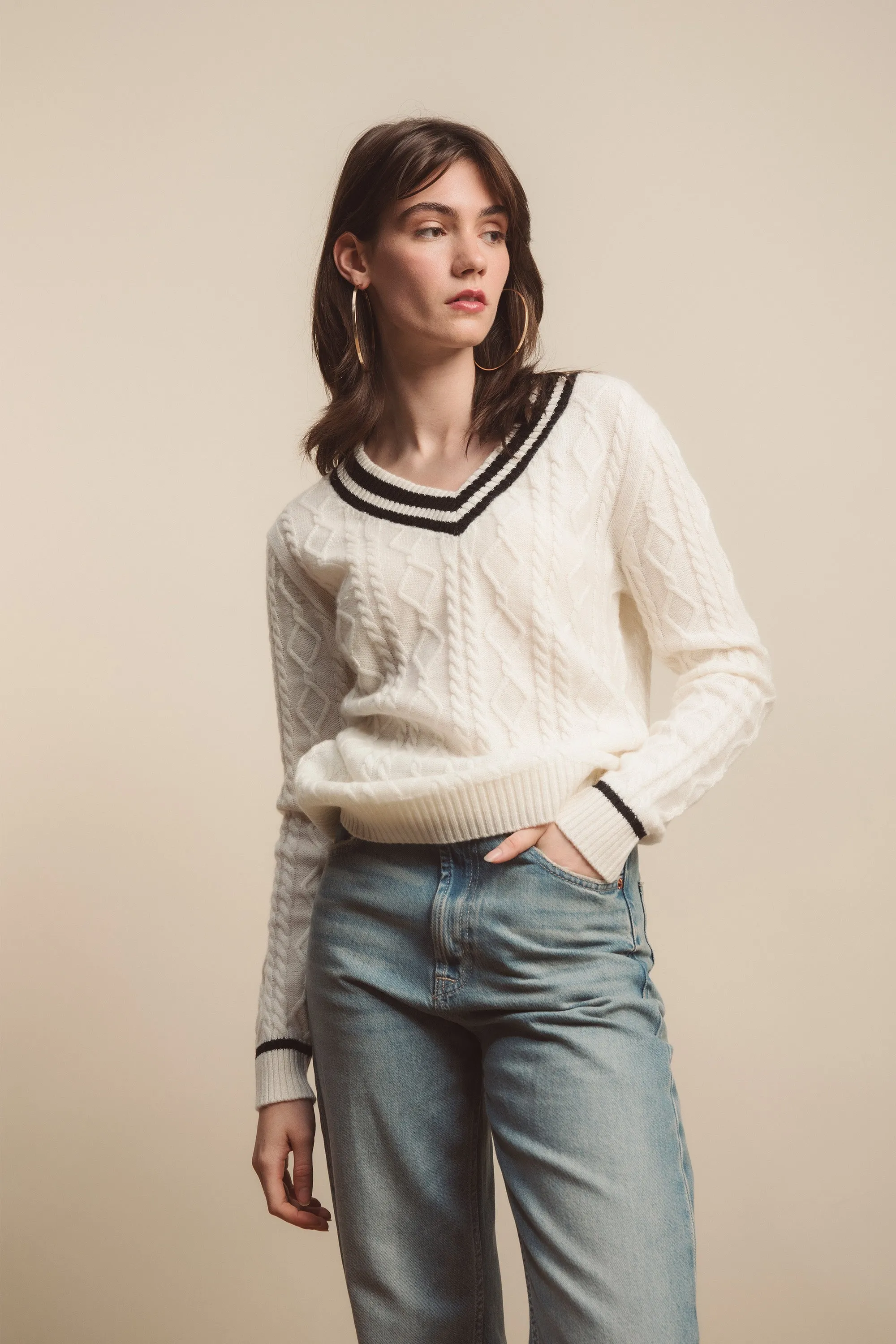 Women's Cricket Style Cable V Neck Jumper - Cream & Black