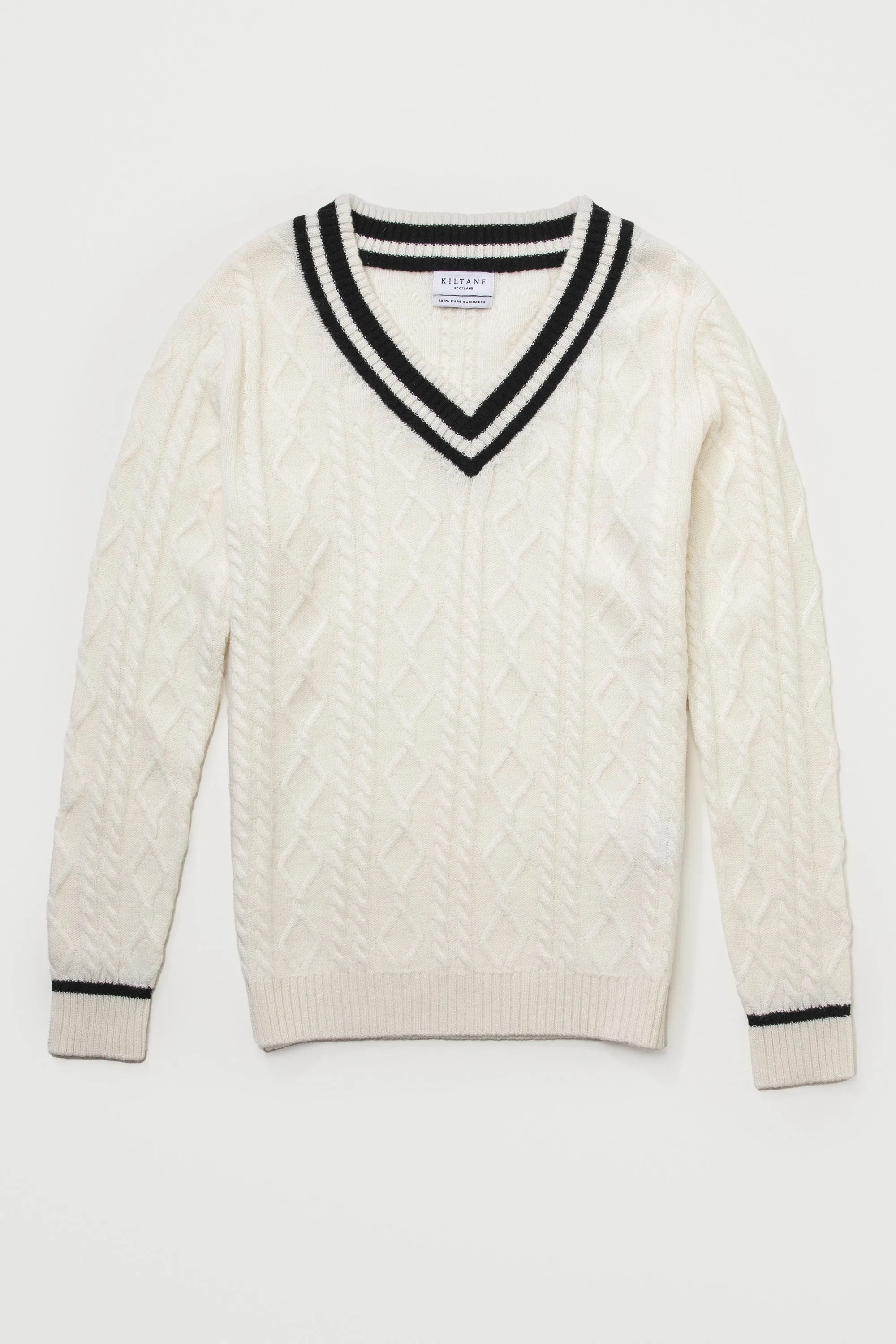 Women's Cricket Style Cable V Neck Jumper - Cream & Black